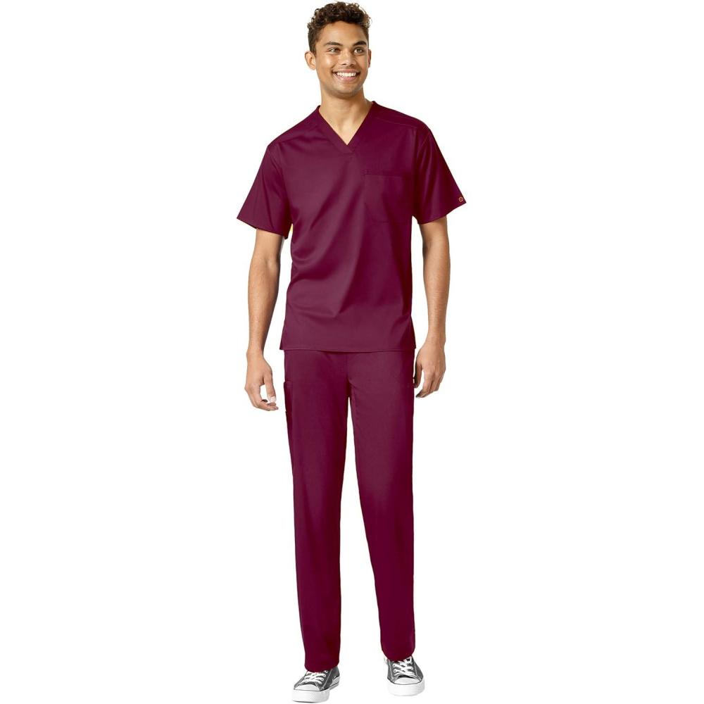 WonderWink PRO Men’s V-Neck Top & Straight Leg Cargo Pant Scrub Set + Badge Reel(Wine)