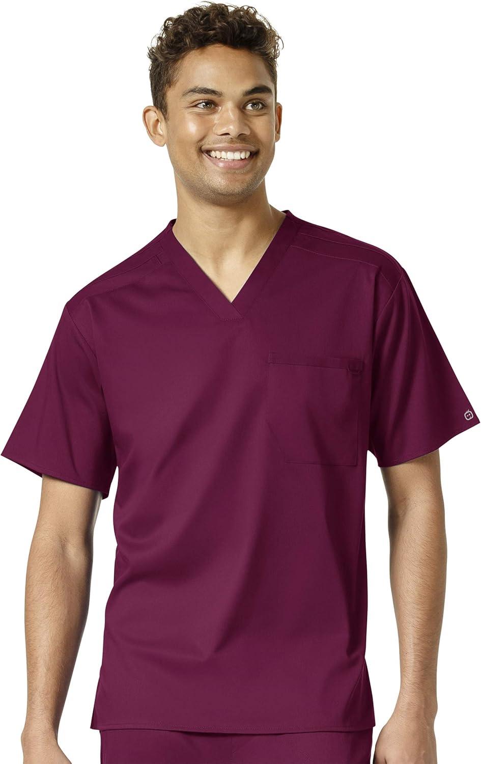 WonderWink PRO Men’s V-Neck Top & Straight Leg Cargo Pant Scrub Set + Badge Reel(Wine)
