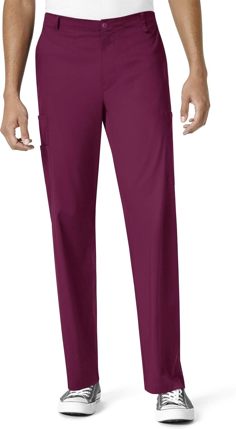 WonderWink PRO Men’s V-Neck Top & Straight Leg Cargo Pant Scrub Set + Badge Reel(Wine)