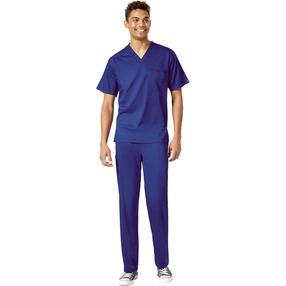 WonderWink PRO Men’s V-Neck Top & Straight Leg Cargo Pant Scrub Set + Badge Reel(Galaxy Blue)