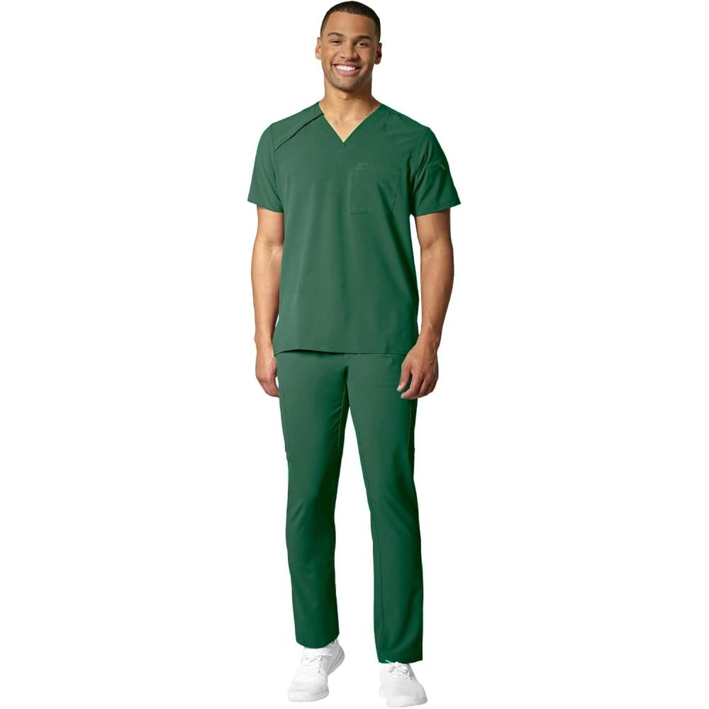 WonderWink RENEW Men’s EZ Zip Top & Men’s Straight Slim Leg Cargo Pant Scrub Set + Badge Reel(Hunter)