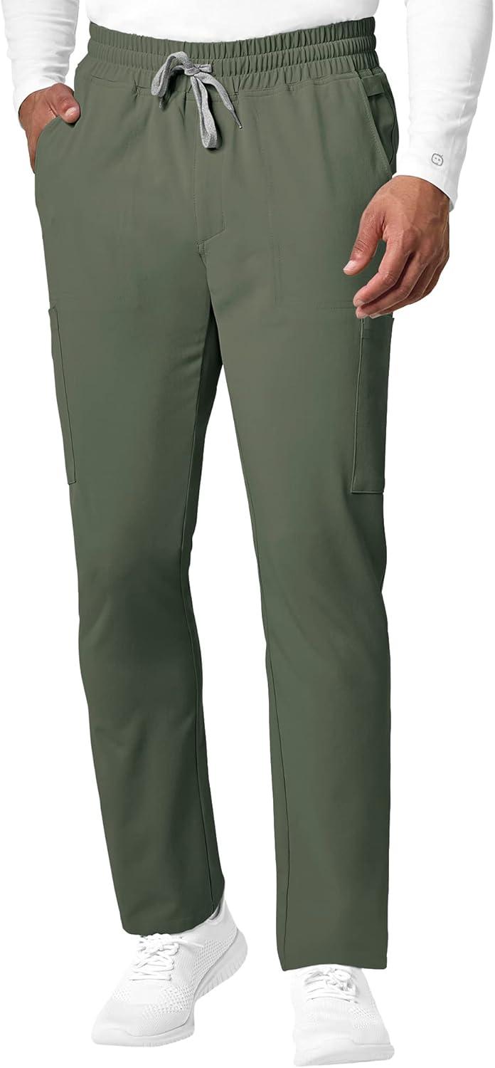 WonderWink RENEW Men’s EZ Zip Top & Men’s Straight Slim Leg Cargo Pant Scrub Set + Badge Reel(Olive)