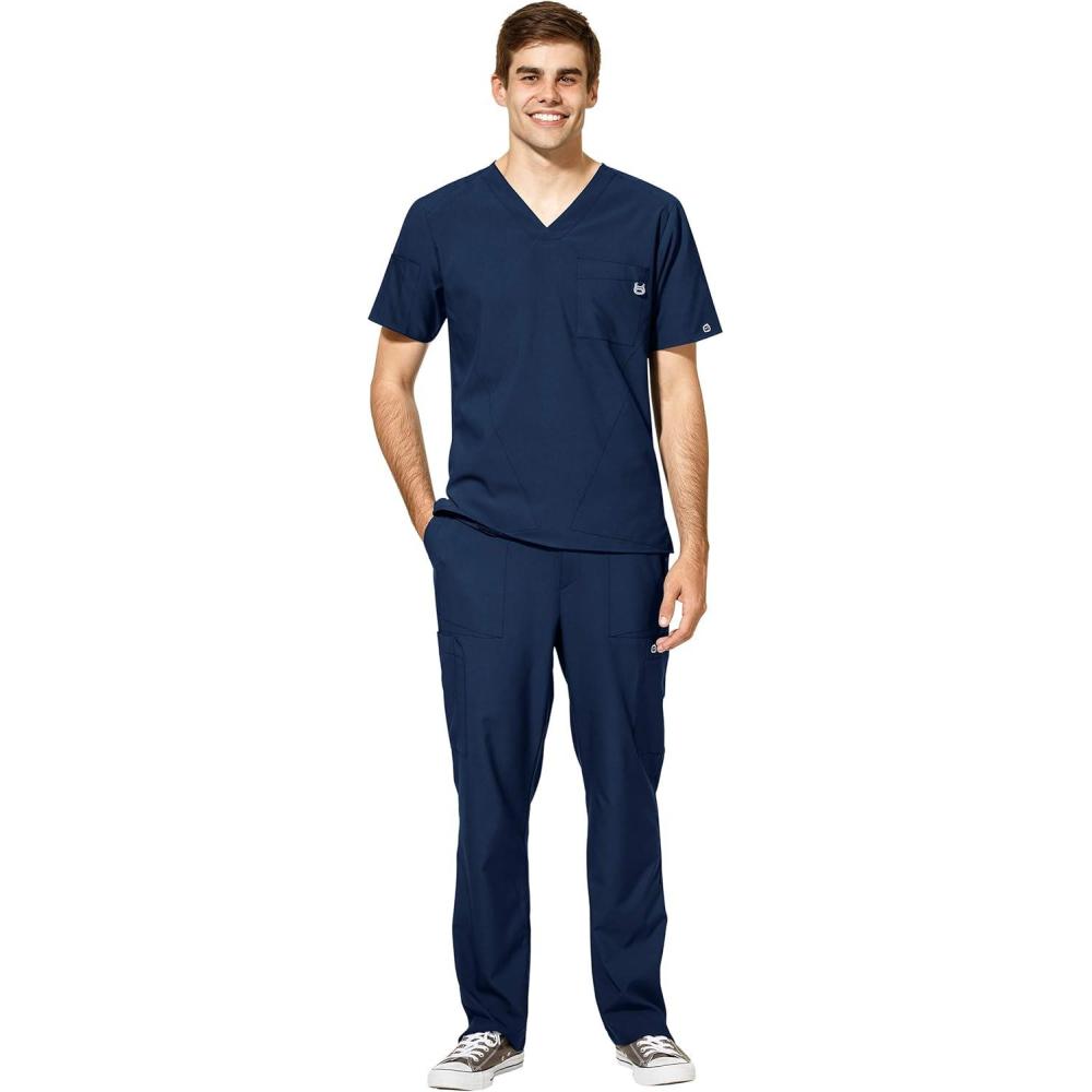 WonderWink W123 Men’s V-Neck Top & Flat Front Cargo Pocket Pant Scrub Set + Badge Reel(Navy)