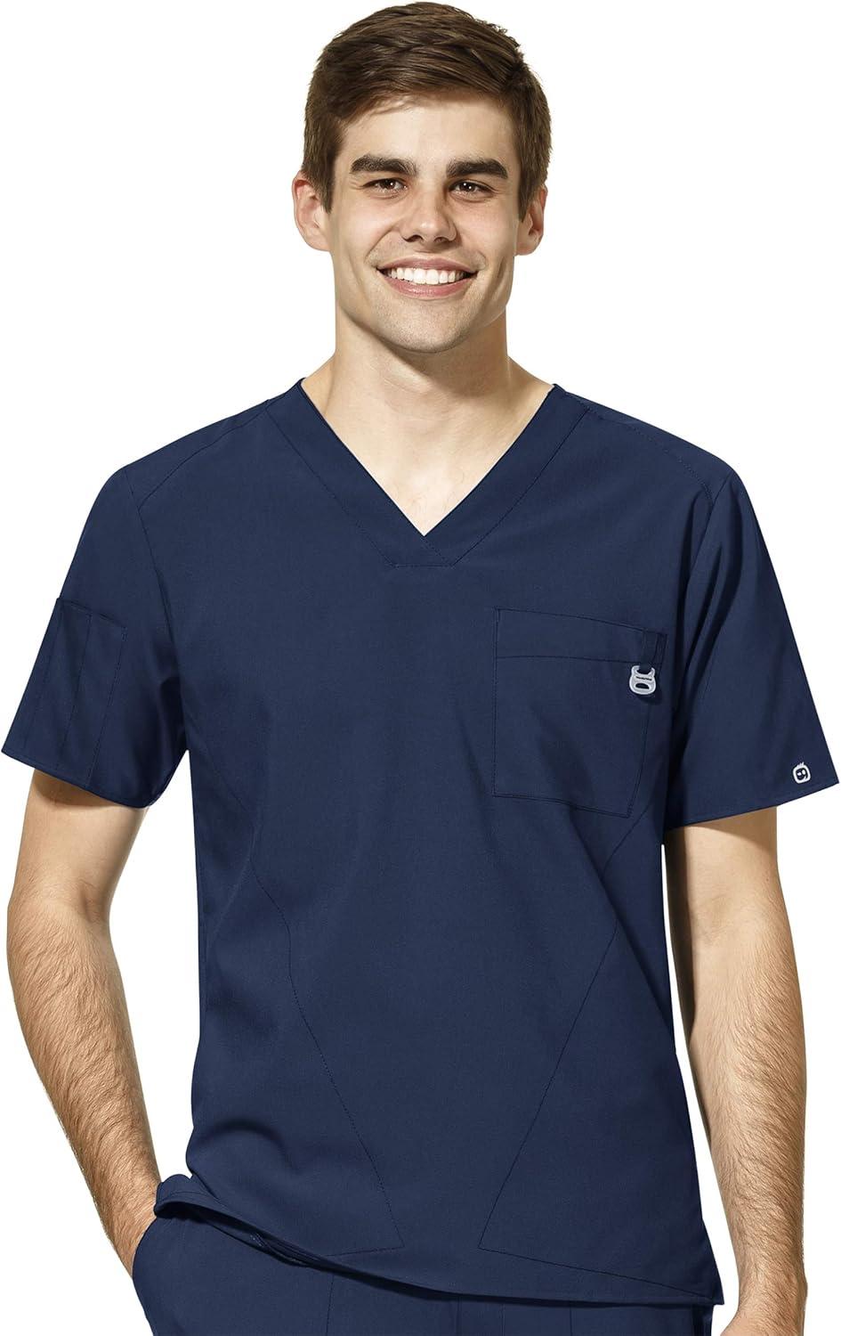 WonderWink W123 Men’s V-Neck Top & Flat Front Cargo Pocket Pant Scrub Set + Badge Reel(Navy)