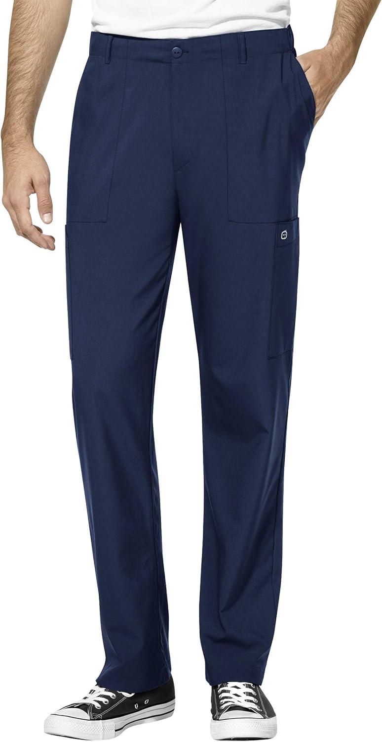 WonderWink W123 Men’s V-Neck Top & Flat Front Cargo Pocket Pant Scrub Set + Badge Reel(Navy)