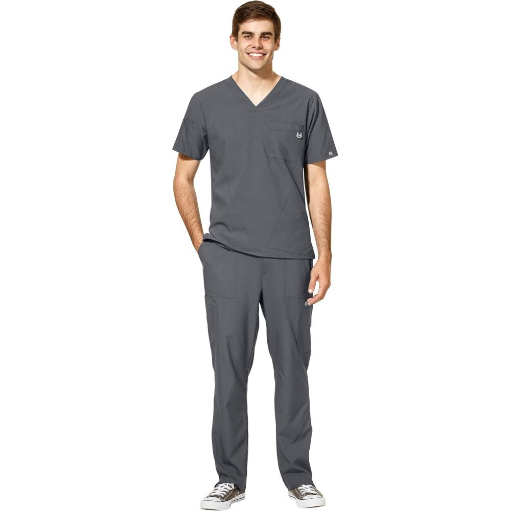 WonderWink W123 Men’s V-Neck Top & Flat Front Cargo Pocket Pant Scrub Set + Badge Reel(Pewter)