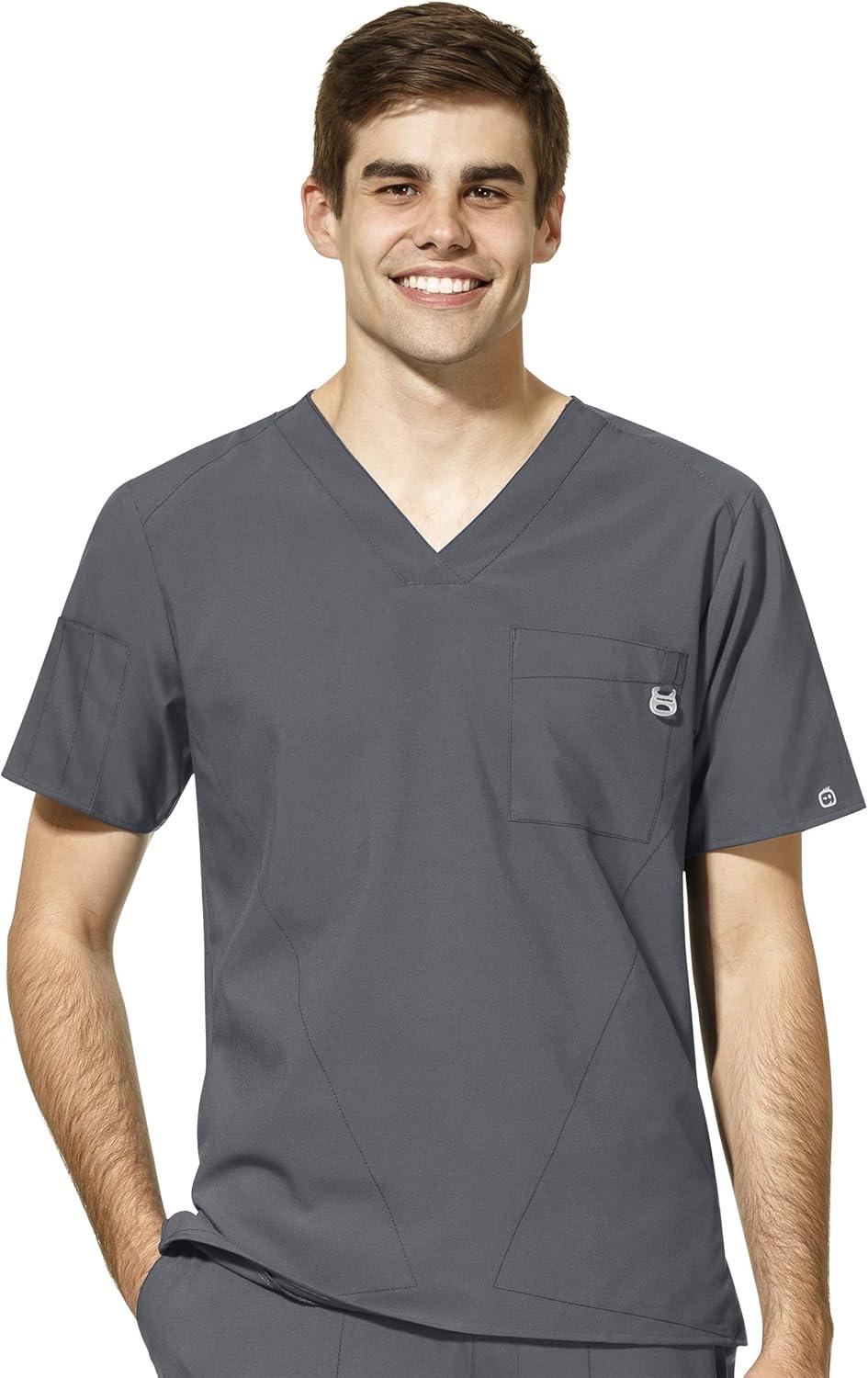 WonderWink W123 Men’s V-Neck Top & Flat Front Cargo Pocket Pant Scrub Set + Badge Reel(Pewter)