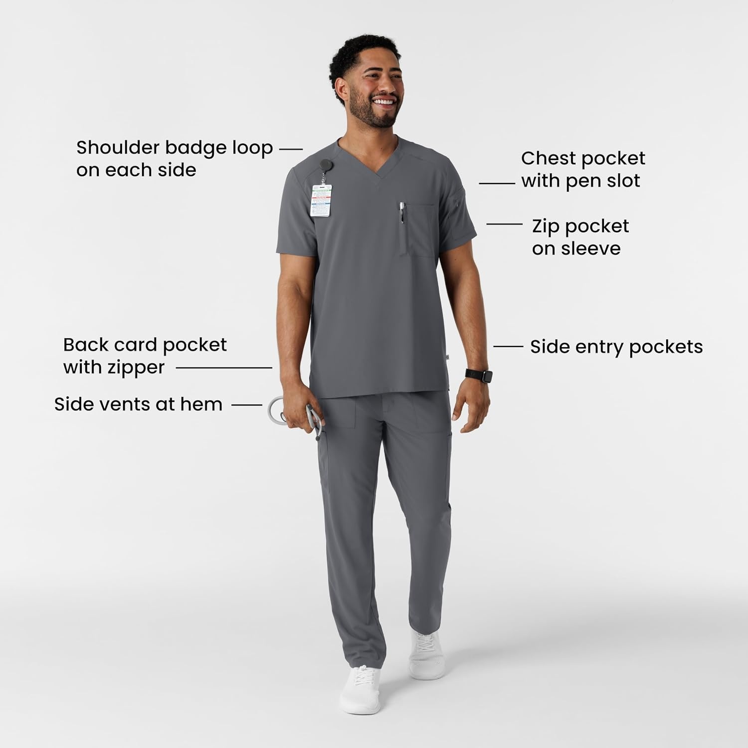 Wink Renew Men’s V-Neck 5 Pocket Scrub Top(Pewter)