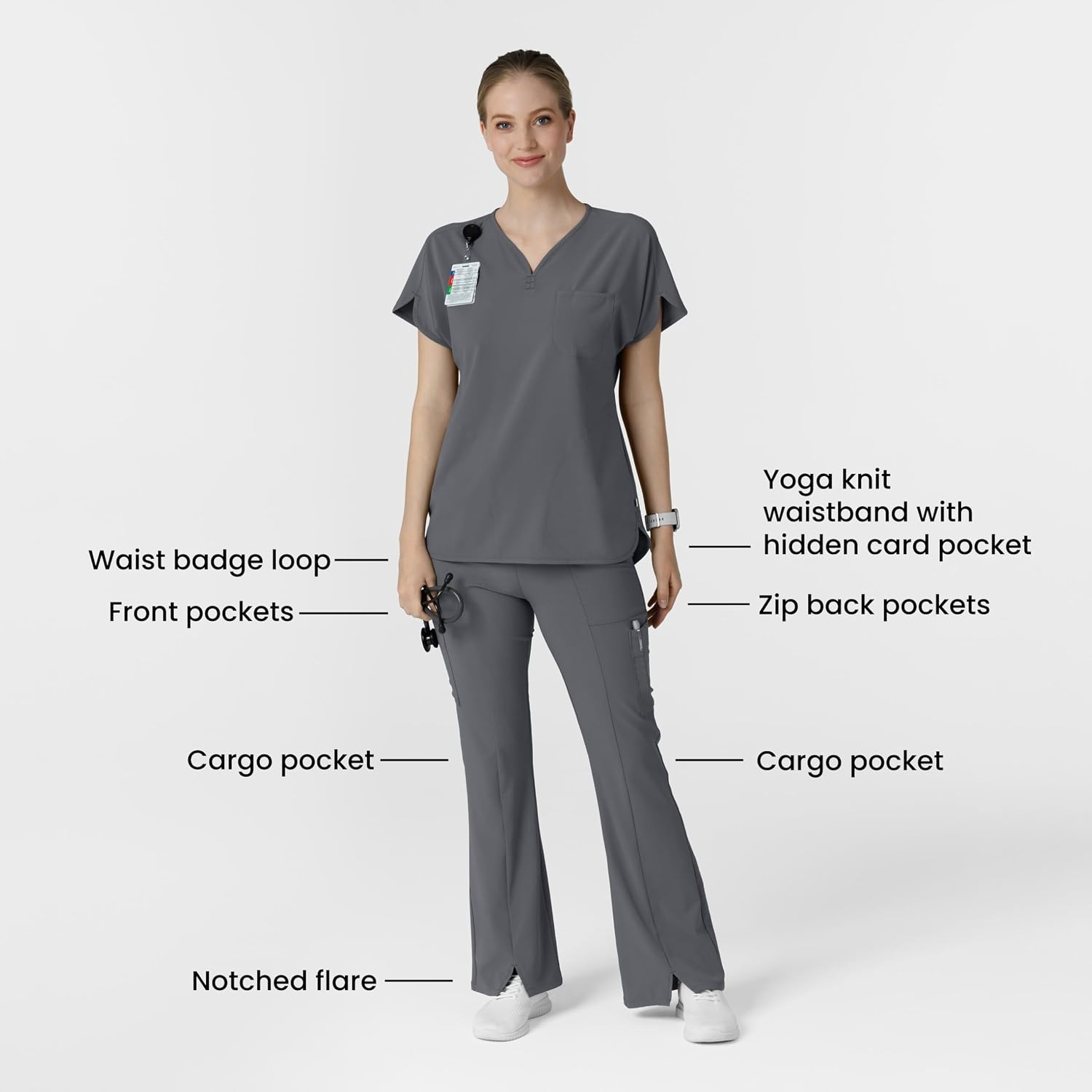Wink Scrubs for Women, Renew, Cargo Flare Pants, with 7 Pockets(Pewter)