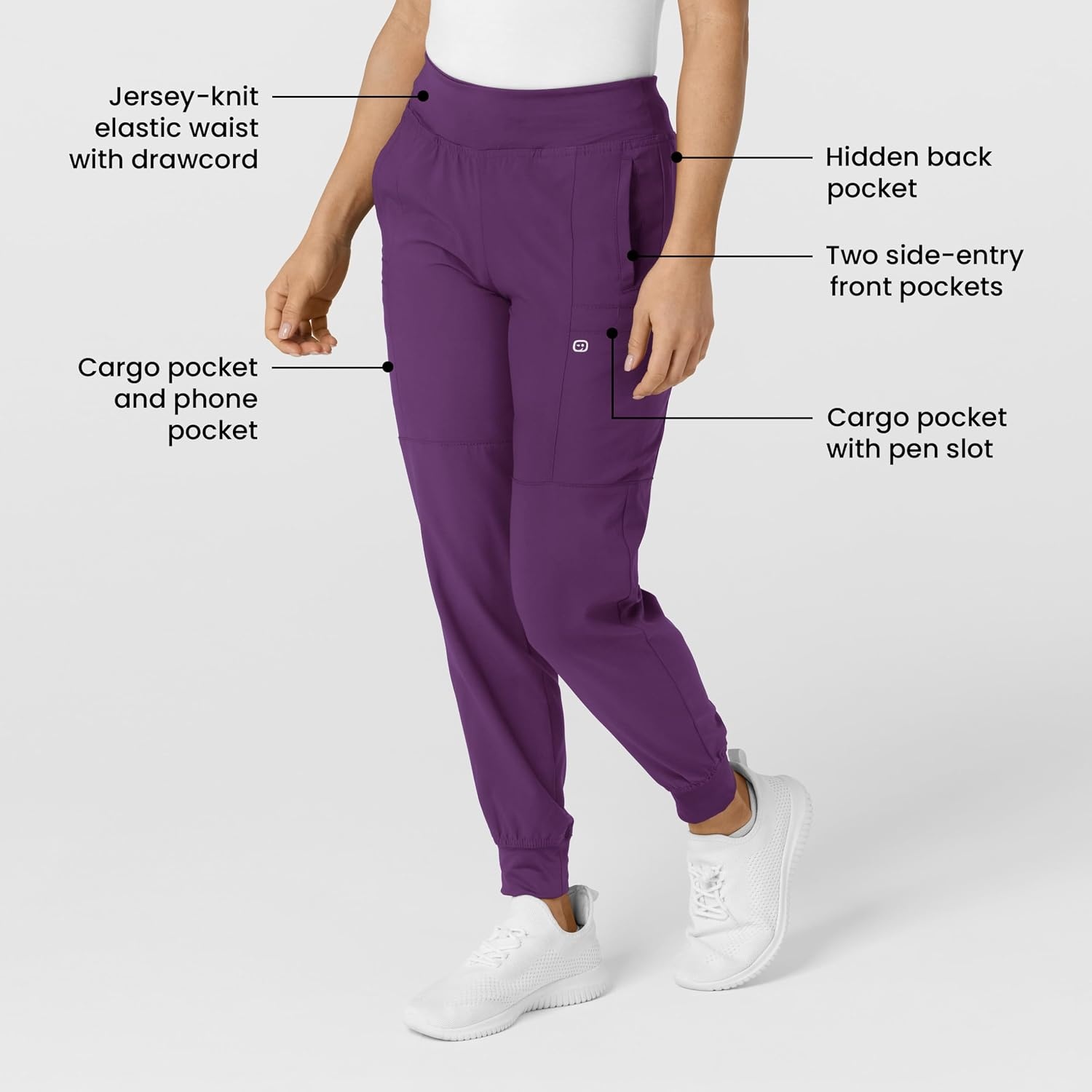 WINK Scrubs for Women, W123, Comfort Waist Cargo Joggers Pants with 8 Pockets(Eggplant)