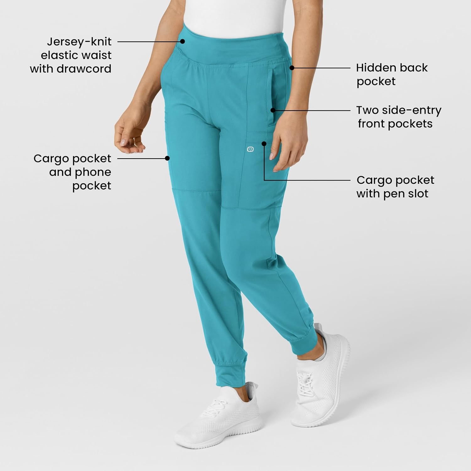 WINK Scrubs for Women, W123, Comfort Waist Cargo Joggers Pants with 8 Pockets(Teal Blue)