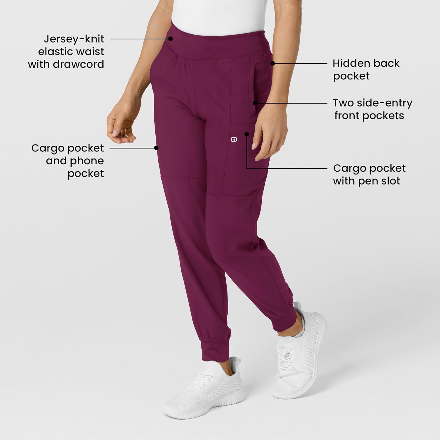 WINK Scrubs for Women, W123, Comfort Waist Cargo Joggers Pants with 8 Pockets(Wine)