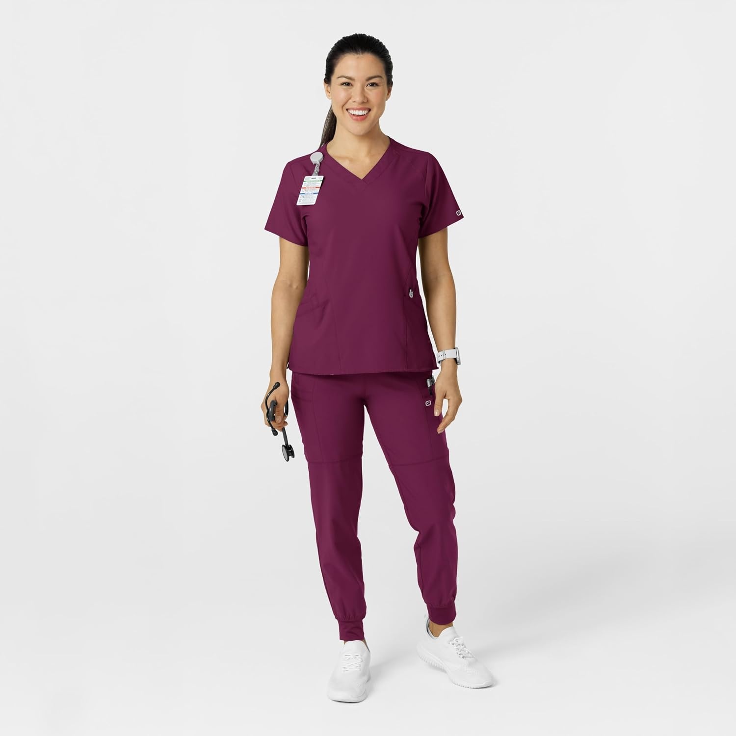 WINK Scrubs for Women, W123, Comfort Waist Cargo Joggers Pants with 8 Pockets(Wine)