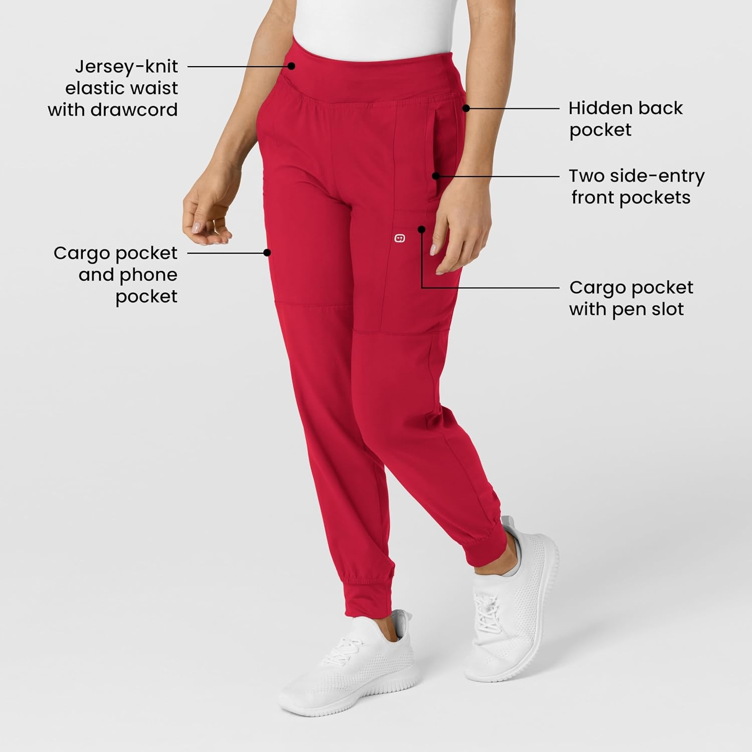 WINK Scrubs for Women, W123, Comfort Waist Cargo Joggers Pants with 8 Pockets(Red)