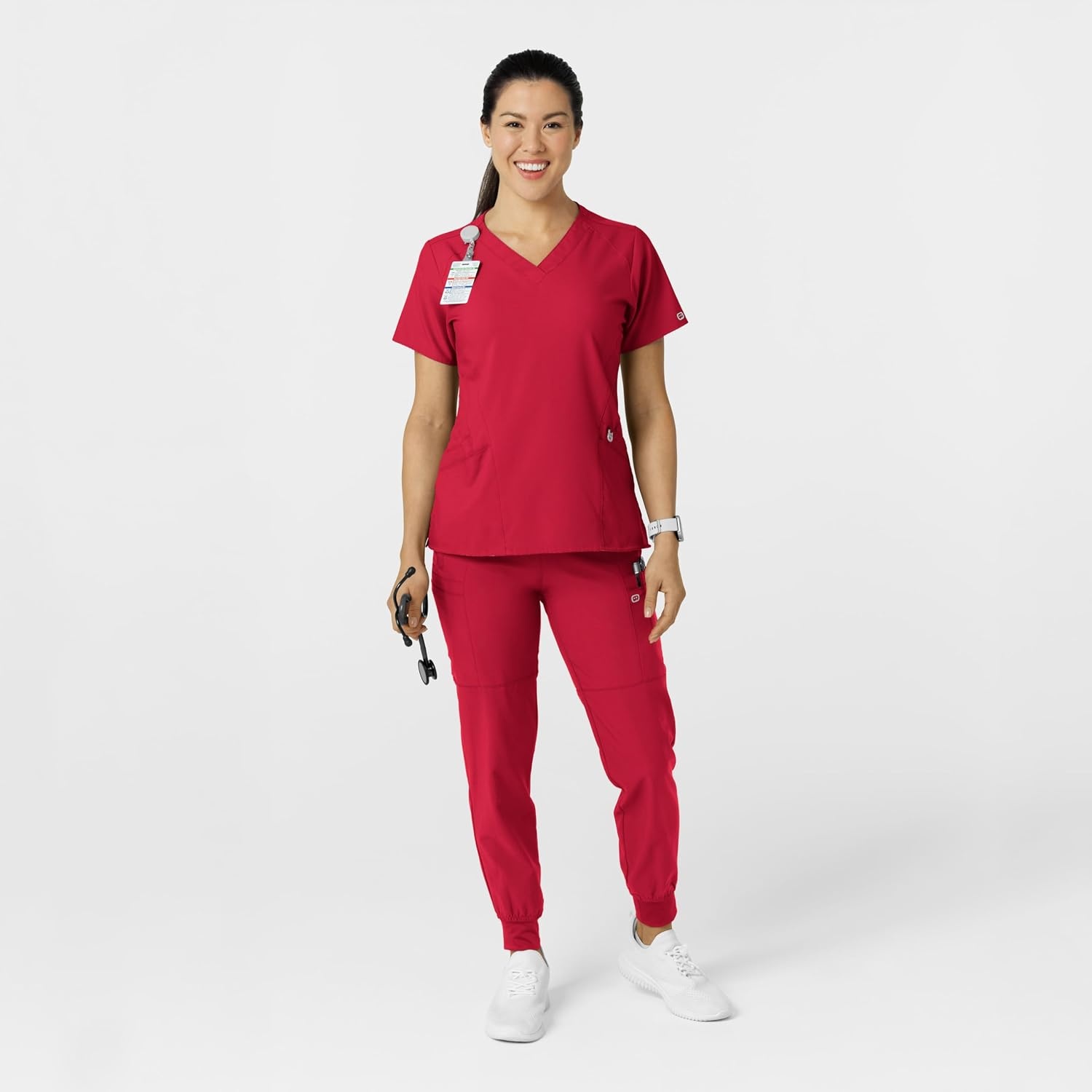WINK Scrubs for Women, W123, Comfort Waist Cargo Joggers Pants with 8 Pockets(Red)