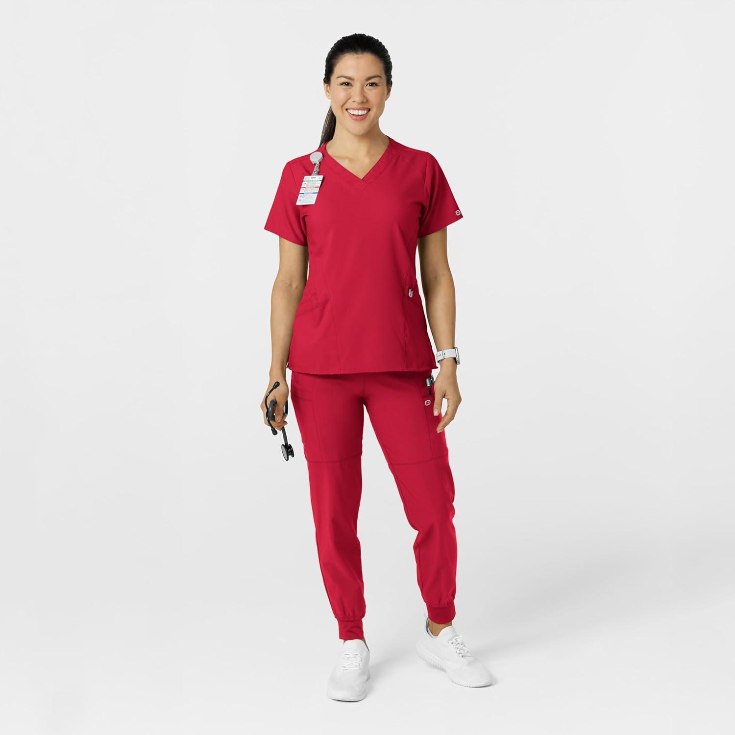 Women’s Comfort Waist Cargo Jogger Scrub Pant, Red, S(Red)