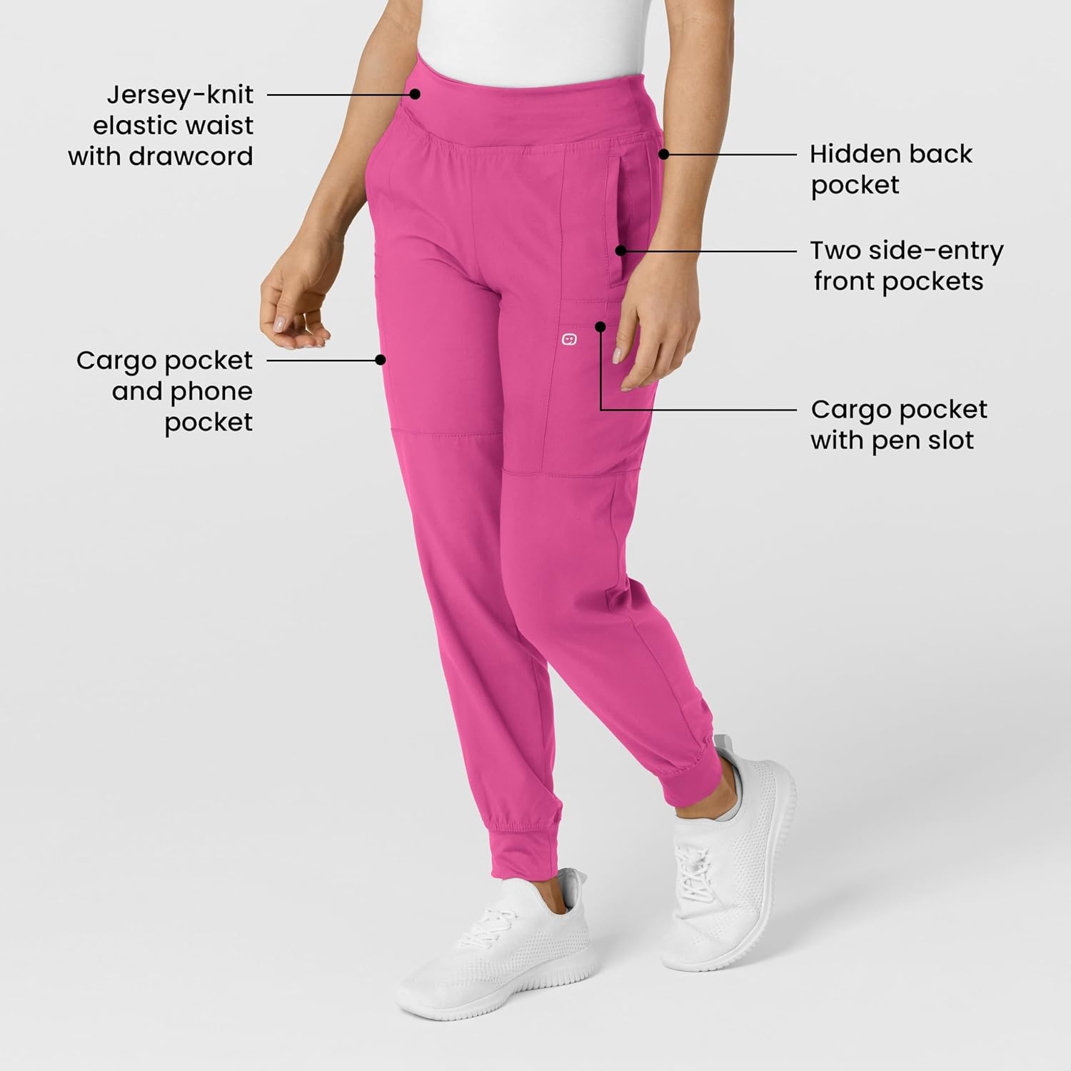 WINK Scrubs for Women, W123, Comfort Waist Cargo Joggers Pants with 8 Pockets(Hot Pink)
