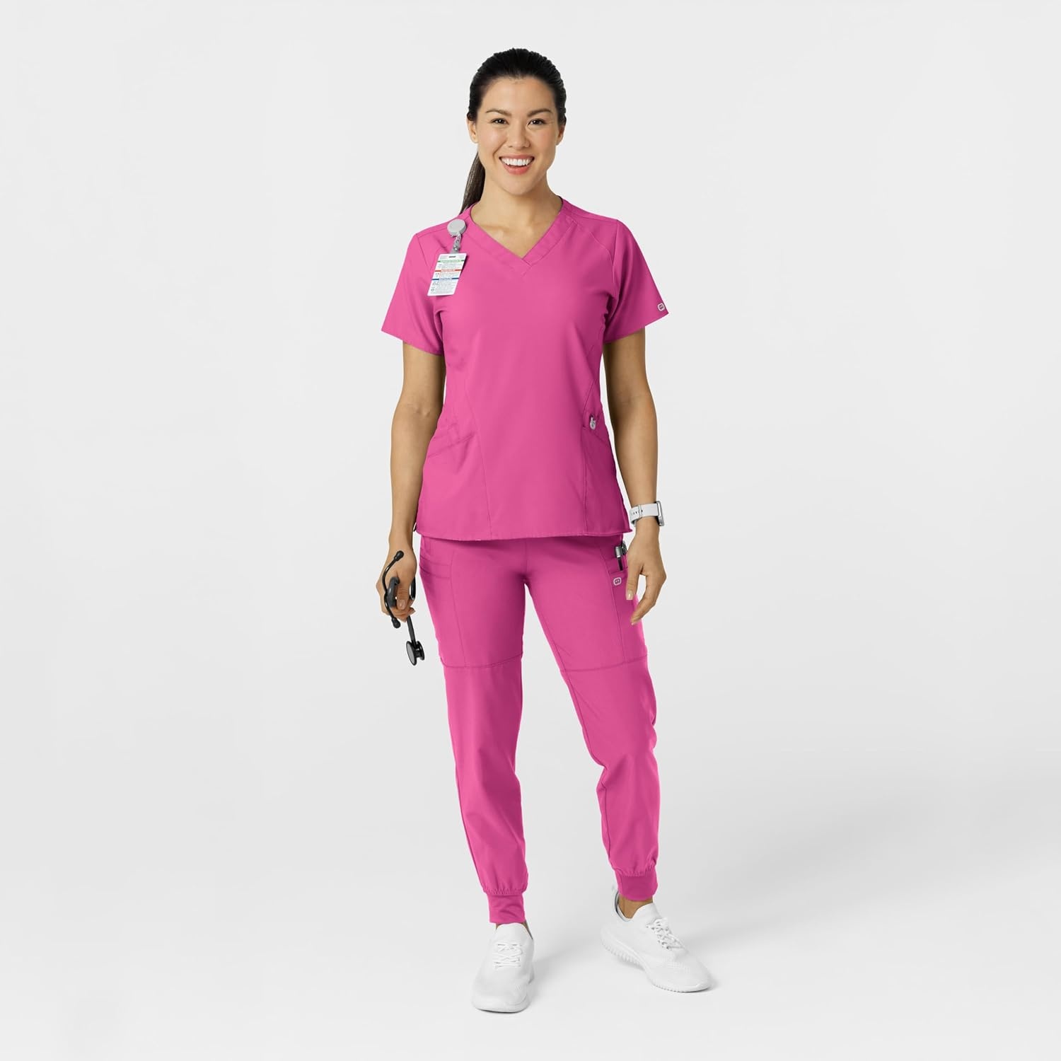 WINK Scrubs for Women, W123, Comfort Waist Cargo Joggers Pants with 8 Pockets(Hot Pink)