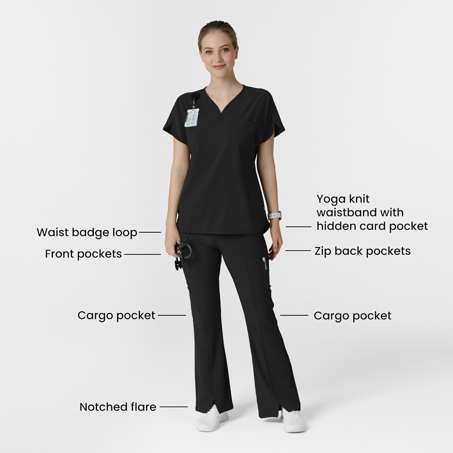 Wink Scrubs for Women, Renew, Cargo Flare Pants, with 7 Pockets(Black)