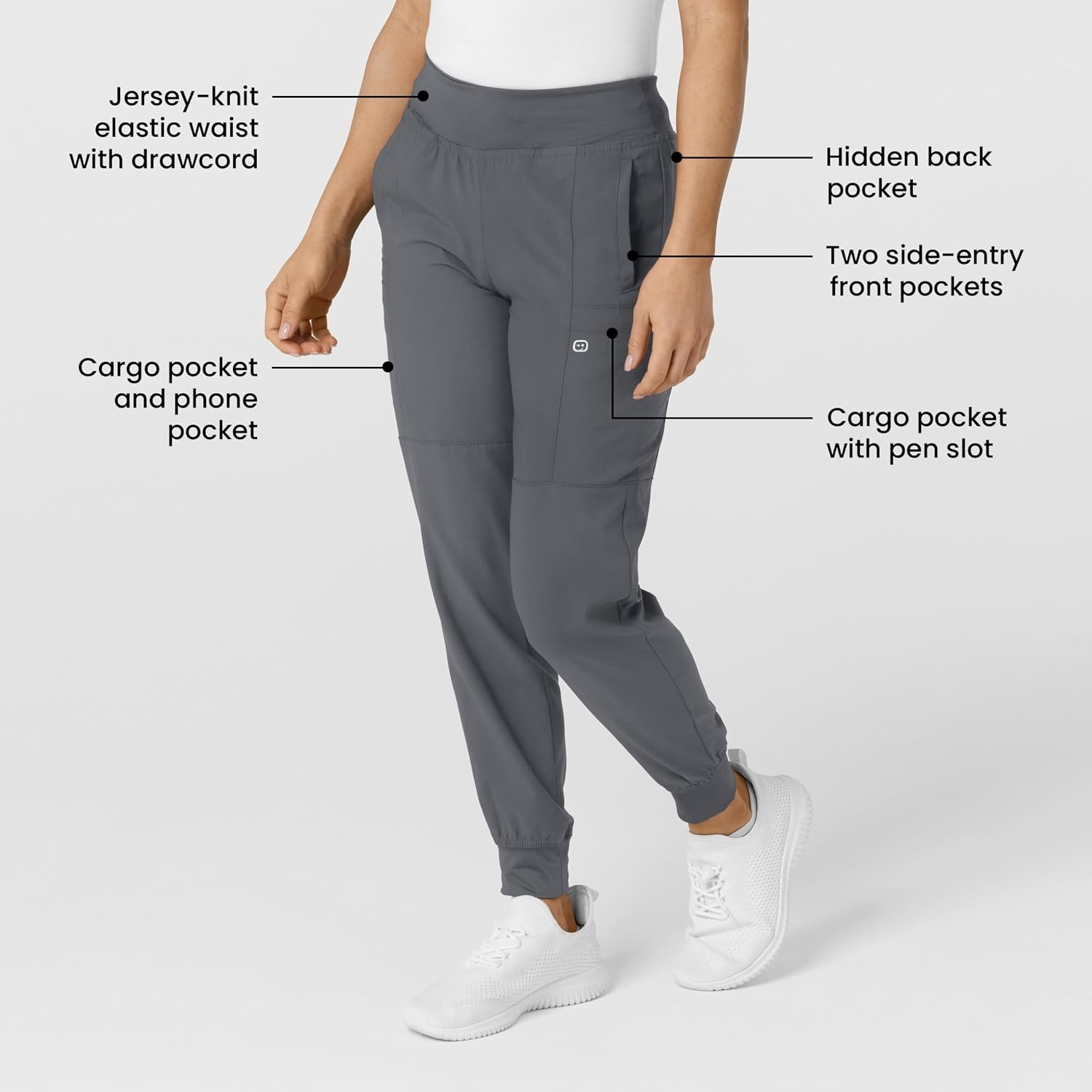 WINK Scrubs for Women, W123, Comfort Waist Cargo Joggers Pants with 8 Pockets(Pewter)