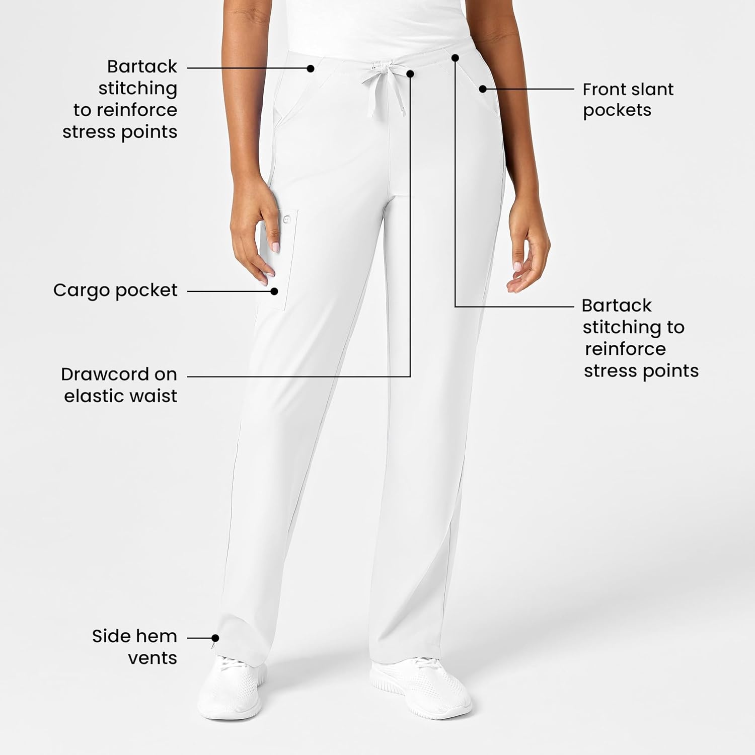 WonderWink W123 Women’s Drawstring Scrub Pant — White, 2X Small Petite