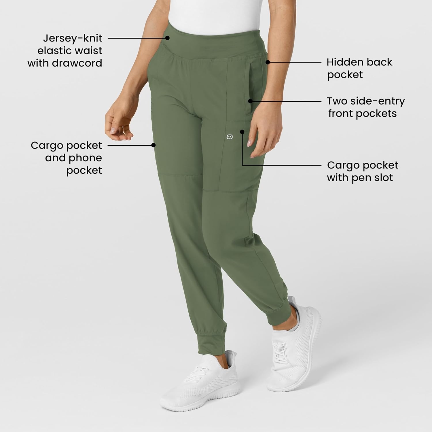 WINK Scrubs for Women, W123, Comfort Waist Cargo Joggers Pants with 8 Pockets(Olive)