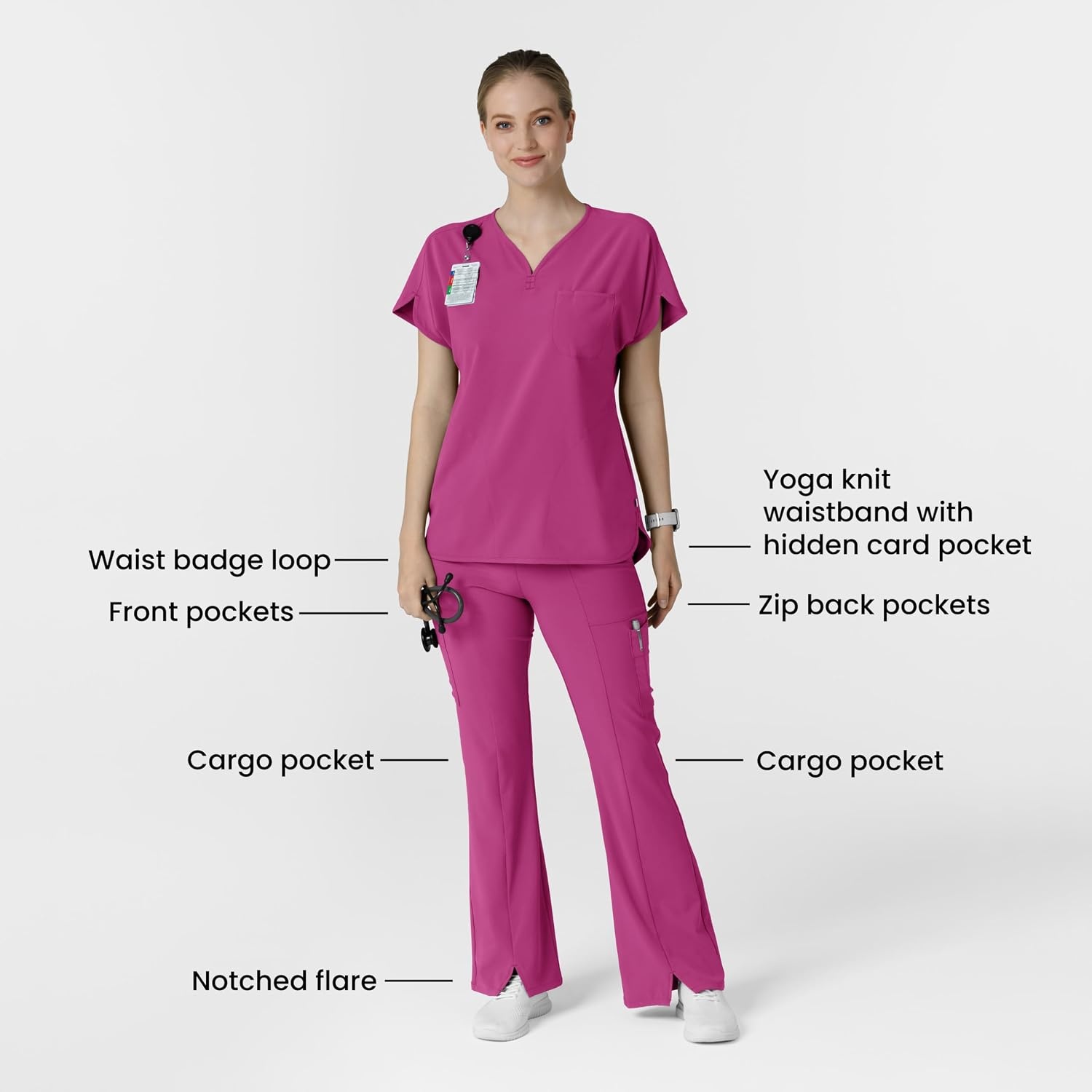 Wink Scrubs for Women, Renew, Cargo Flare Pants, with 7 Pockets(Raspberry)