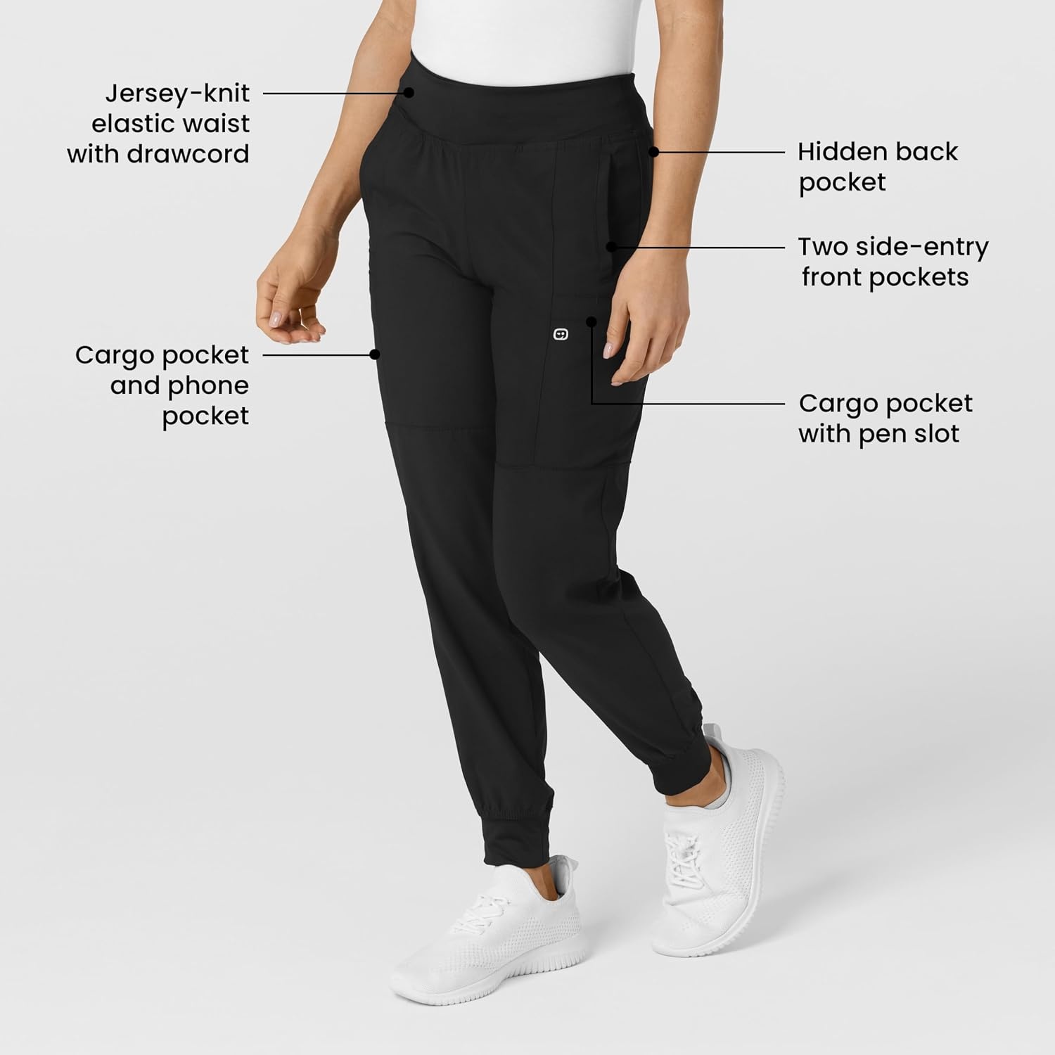 WINK Scrubs for Women, W123, Comfort Waist Cargo Joggers Pants with 8 Pockets(Black)