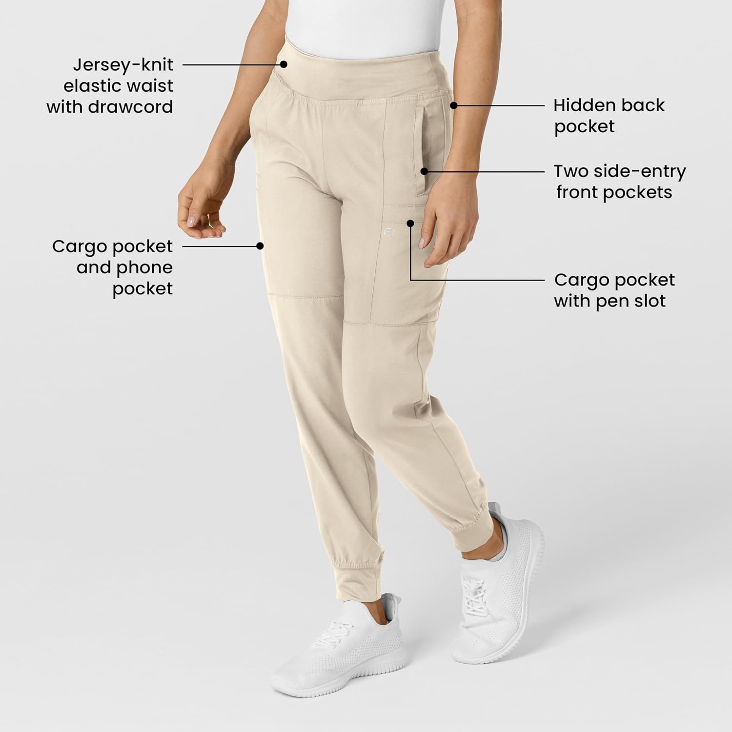 WINK Scrubs for Women, W123, Comfort Waist Cargo Joggers Pants with 8 Pockets(Khaki)