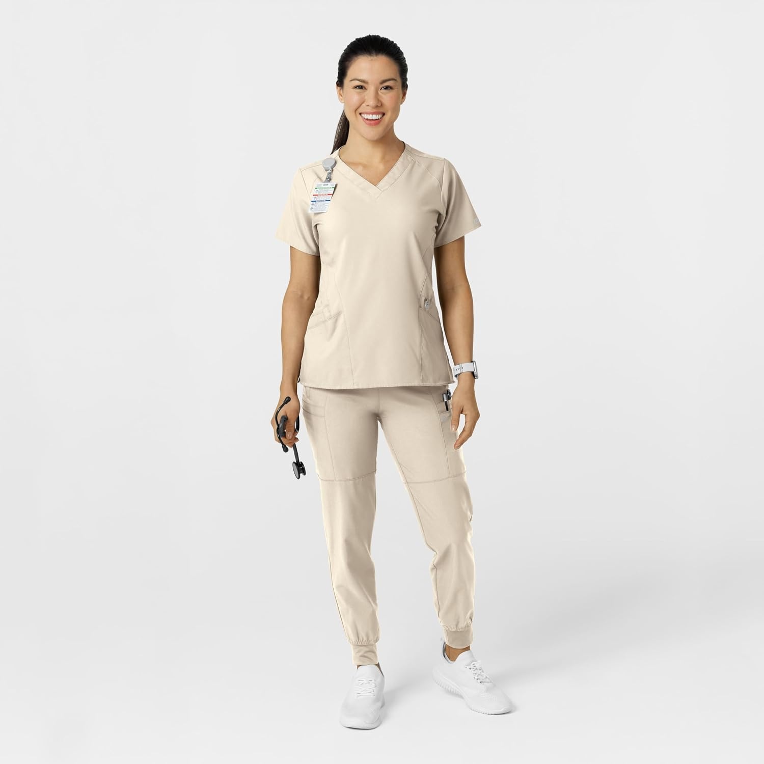 WINK Scrubs for Women, W123, Comfort Waist Cargo Joggers Pants with 8 Pockets(Khaki)