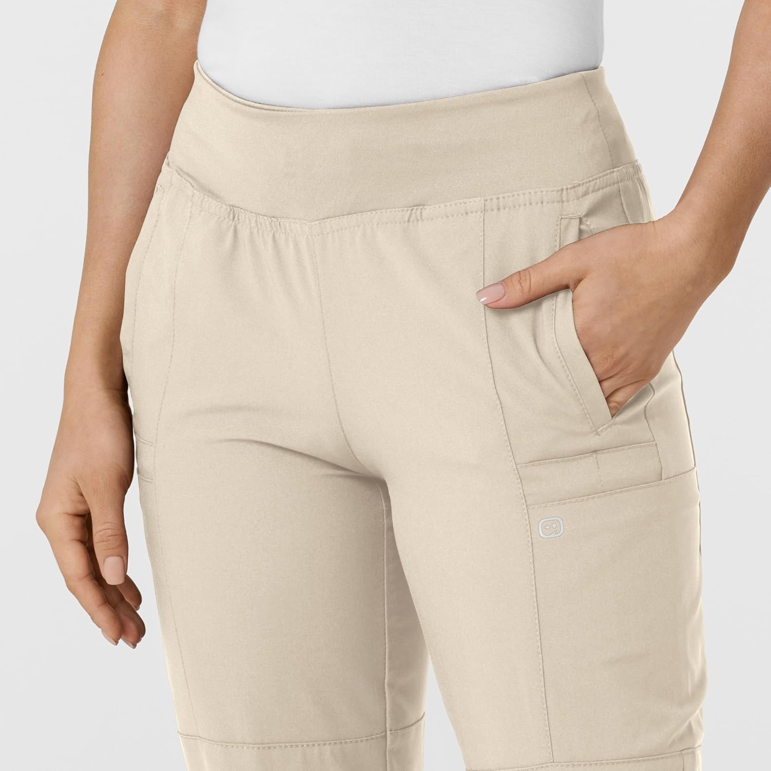WINK Scrubs for Women, W123, Comfort Waist Cargo Joggers Pants with 8 Pockets(Khaki)