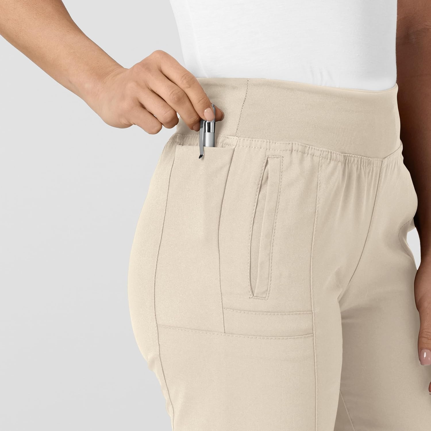 WINK Scrubs for Women, W123, Comfort Waist Cargo Joggers Pants with 8 Pockets(Khaki)