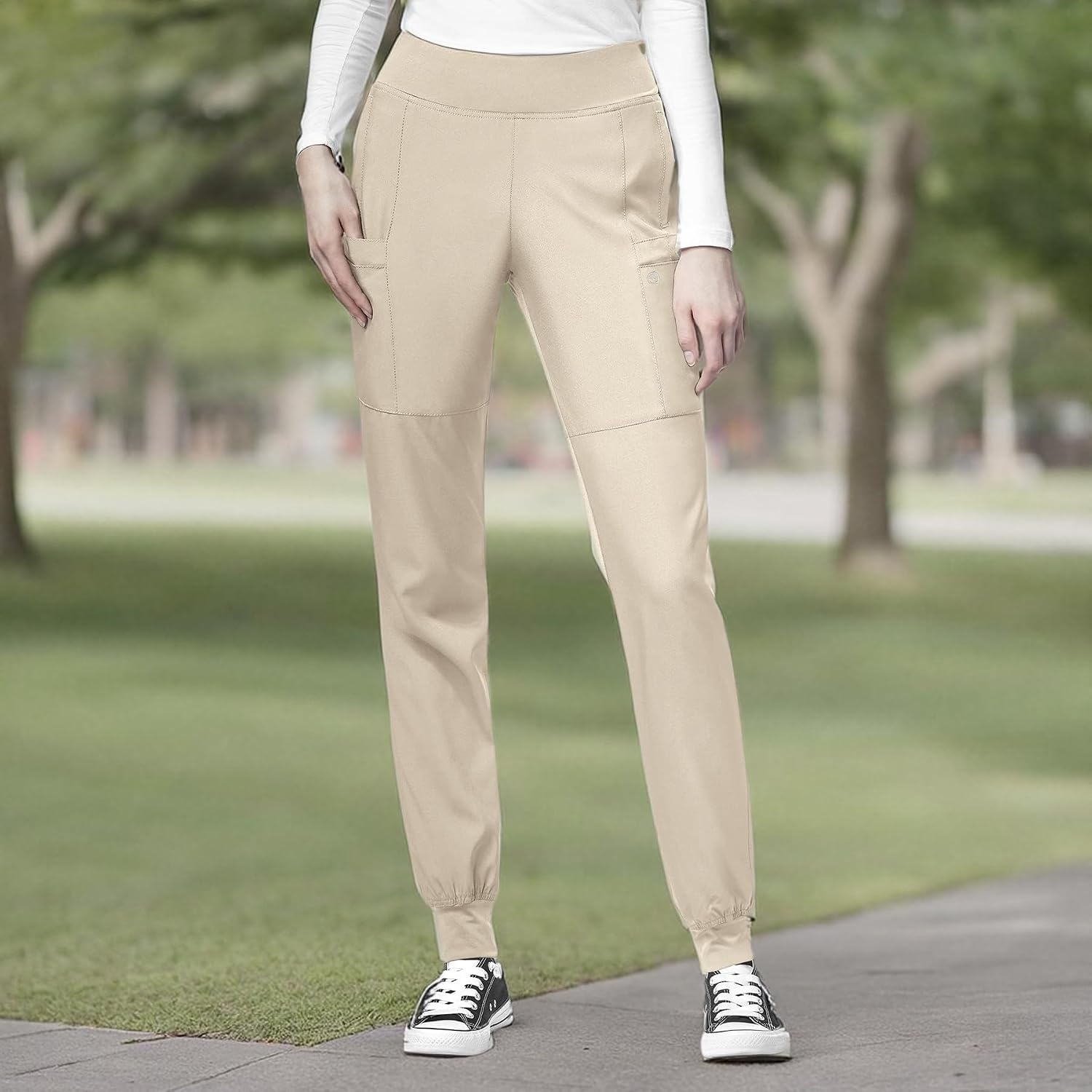 WINK Scrubs for Women, W123, Comfort Waist Cargo Joggers Pants with 8 Pockets(Khaki)