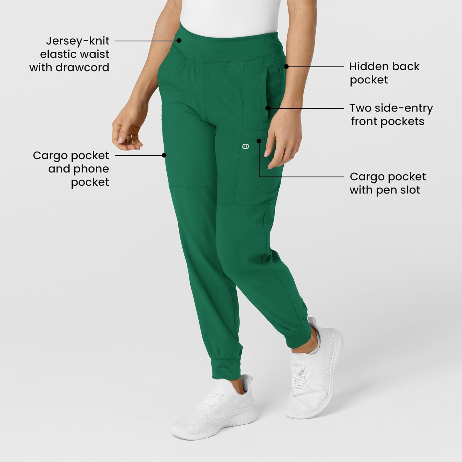 WINK Scrubs for Women, W123, Comfort Waist Cargo Joggers Pants with 8 Pockets(Hunter)