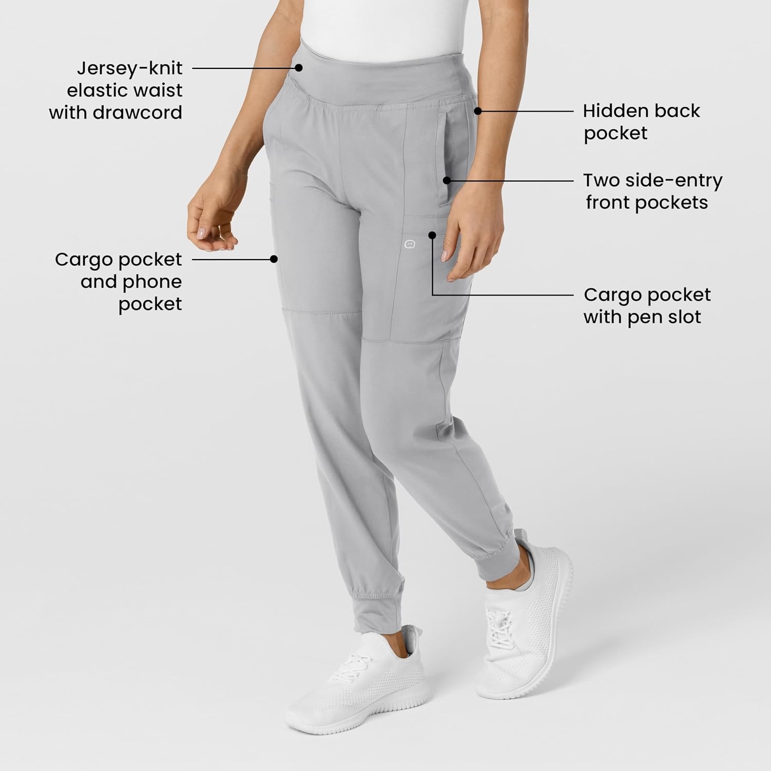 WINK Scrubs for Women, W123, Comfort Waist Cargo Joggers Pants with 8 Pockets(Grey)