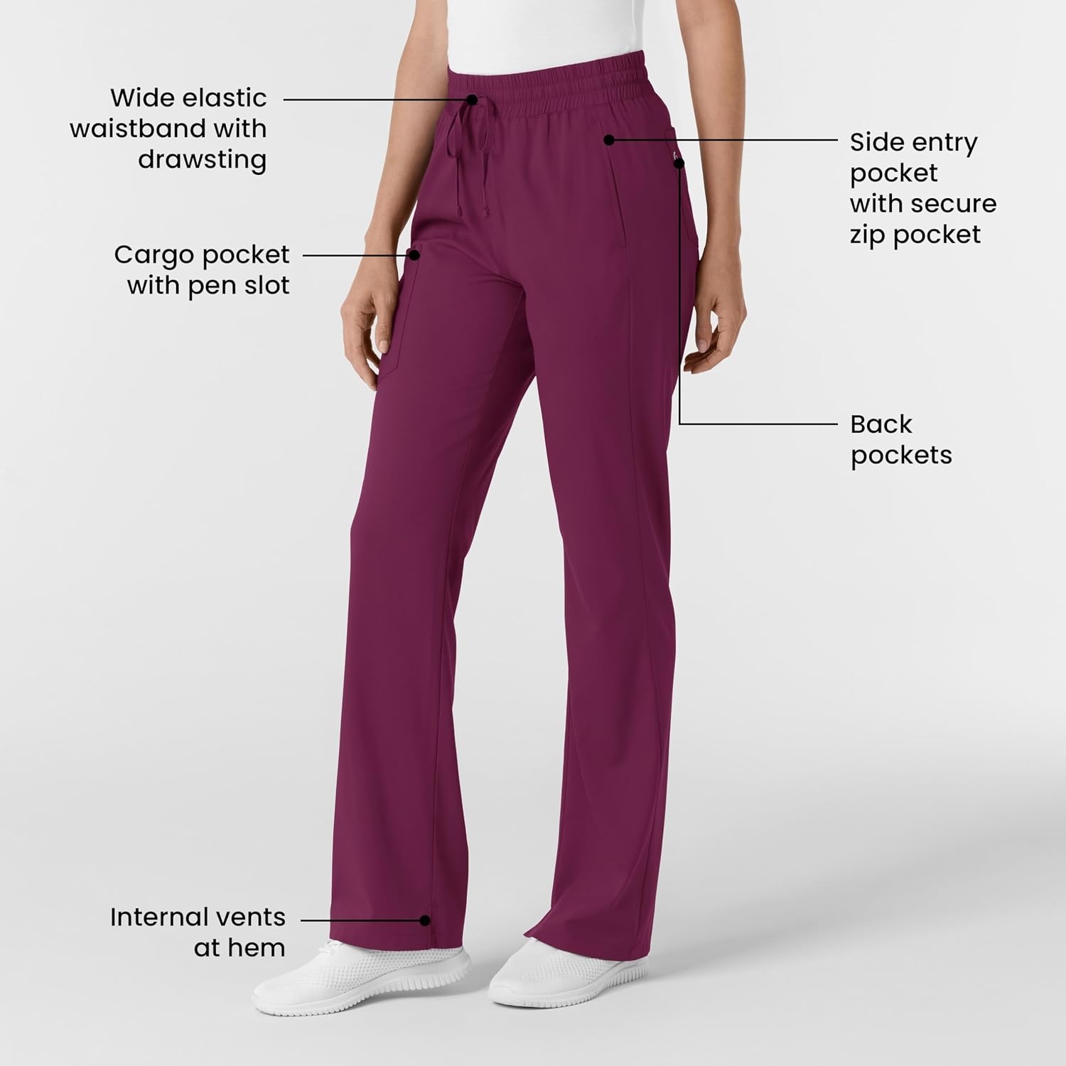 WINK Scrubs for Women, Boundless, Bootcut Pants with Drawstring and 6 Pockets(Wine)