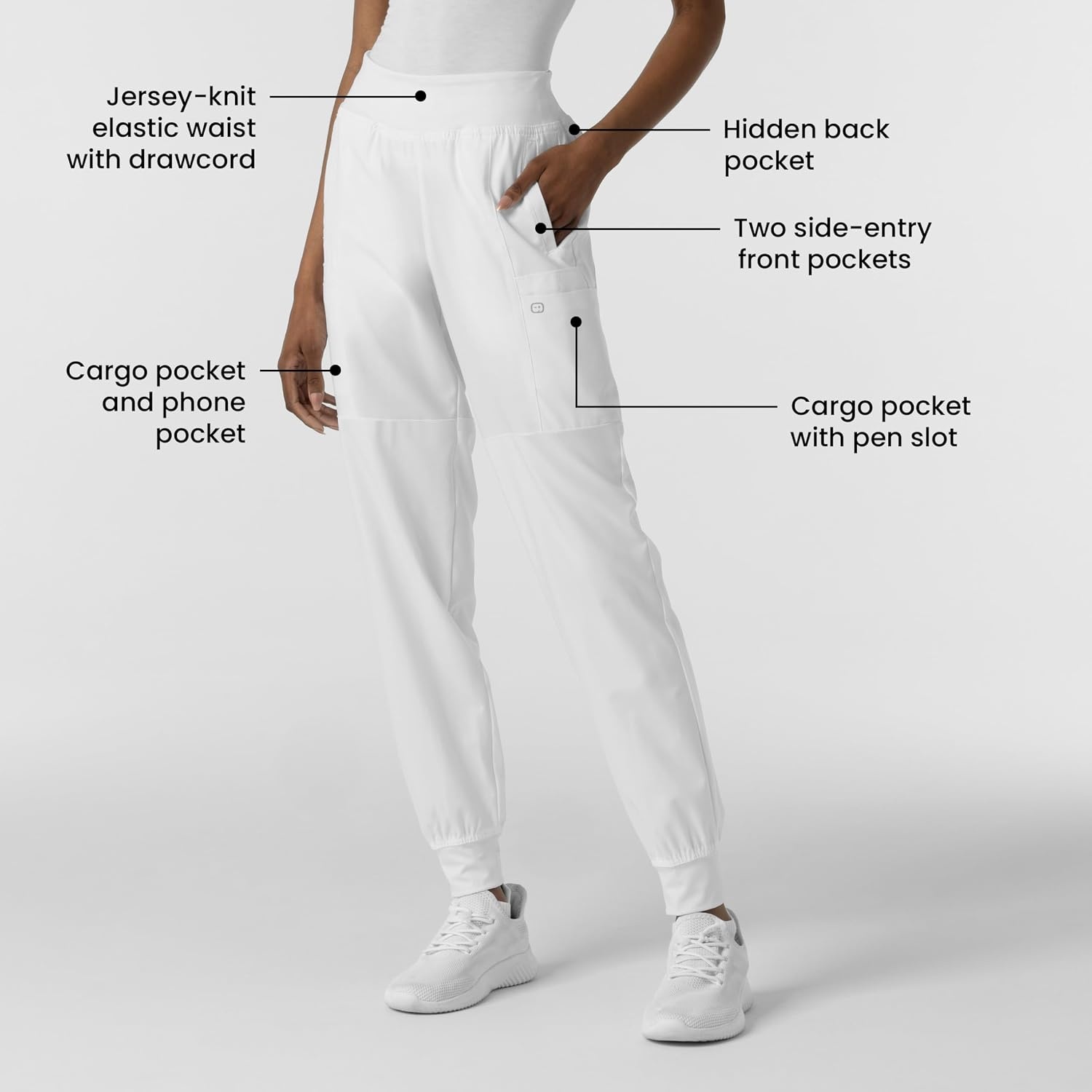 WINK Scrubs for Women, W123, Comfort Waist Cargo Joggers Pants with 8 Pockets(White)