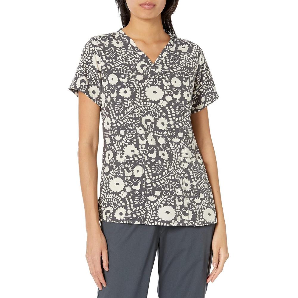 WonderWink Women’s Fitted V-Neck Print Scrub Top(Floral Flight)