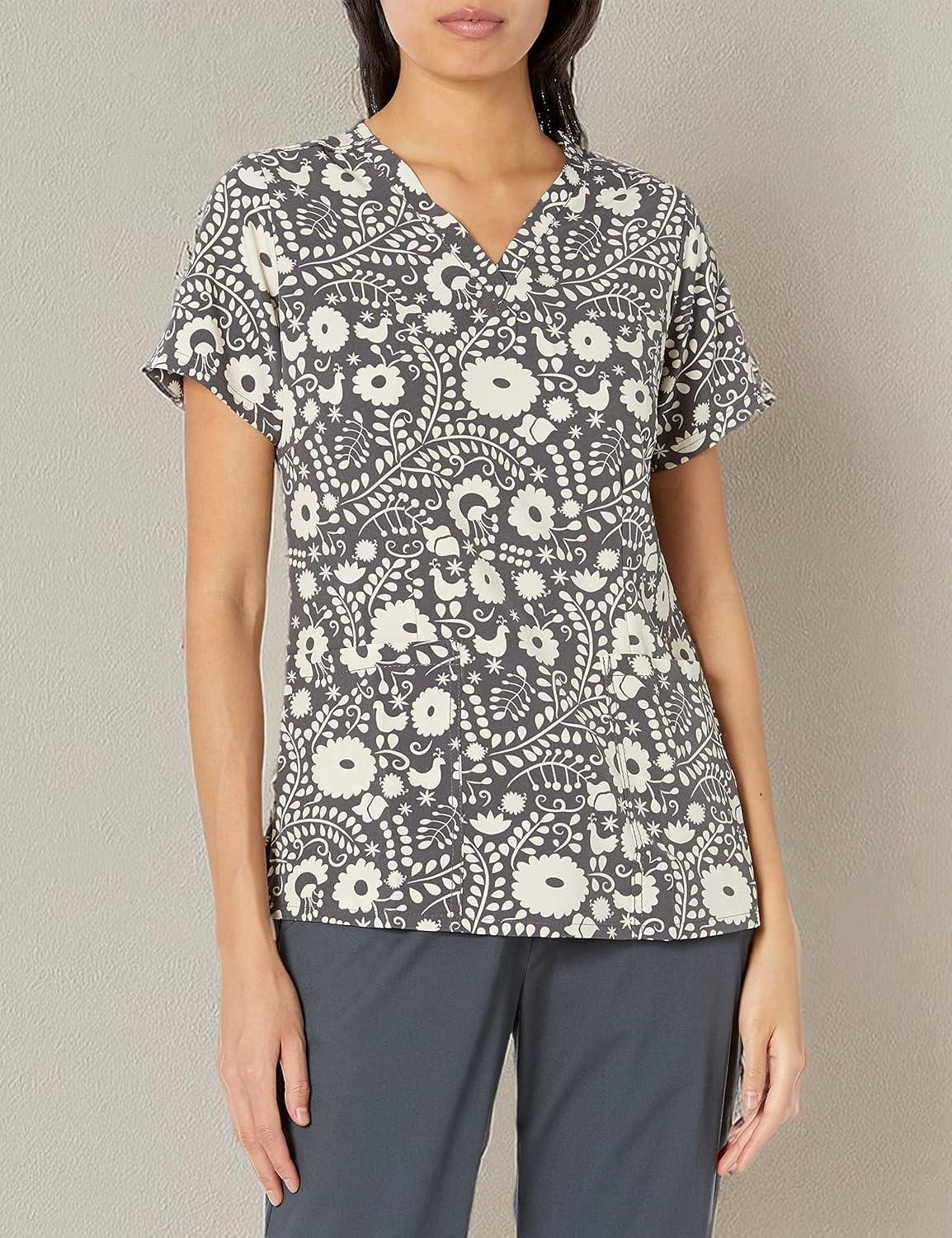 WonderWink Women’s Fitted V-Neck Print Scrub Top(Floral Flight)
